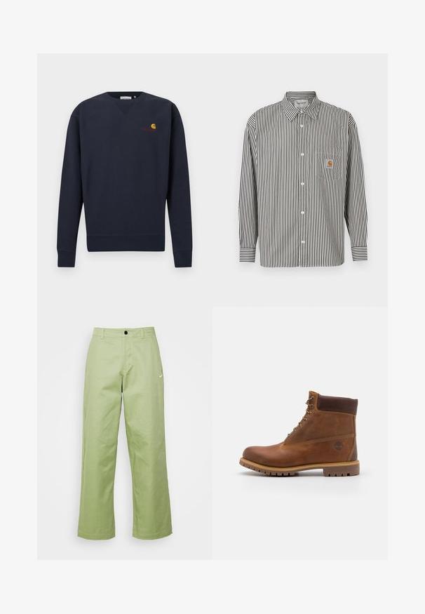 Tmavomodrá mikina s výstrihom do V, rebrovanými manžetami a lemom, s malým logom Carhartt v oranžovej a žltej farbe vyšitým na hrudi.; Čierno-biela vertikálne pruhovaná košeľa s dlhým rukávom a golierom na zapínanie. Obsahuje náprsné vrecko s béžovým logom.; Svetlozelené široké nohavice vyrobené z hladkej tkaniny so zapínaním na gombík, na prednej strane s malým logom Nike.; Hnedé kožené turistické topánky s hladkým povrchom, polstrovaným členkom, kovovými okami a gumovou podrážkou s drsným vzorom.