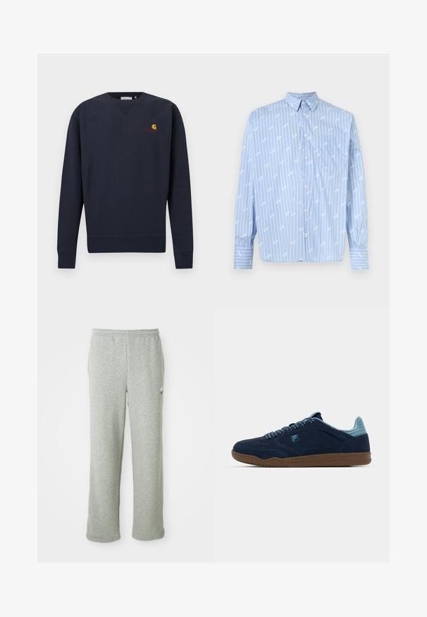 Donkerblauwe trui met V-hals, geribbelde manchetten en zoom, met een klein Carhartt-logo in oranje en geel geborduurd op de borst.; Lichtblauw overhemd met witte verticale strepen en een borstzak, voorzien van een klassieke kraag en lange mouwen met manchetten met knopen.; Grijze sweatpants van een zachte katoenmix, met een elastische tailleband, recht model en een klein logo aan de linkerkant.; Navyblauwe suède sneaker met een lichtblauwe accent op de kraag, een rubberen gum zool en gestructureerde veters met een logo-detail op de zijkant.