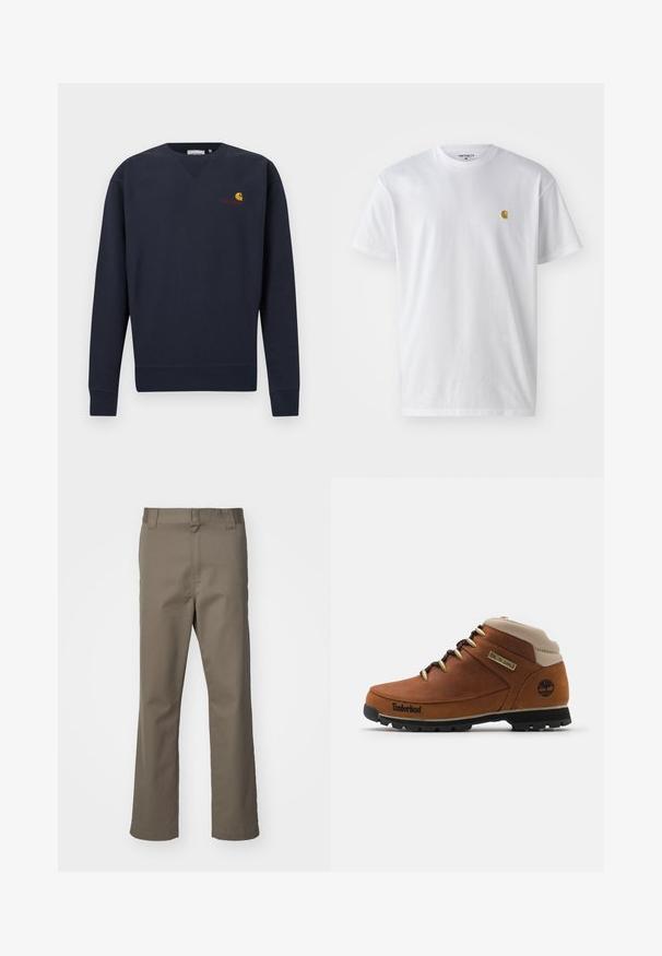Tmavomodrá mikina s výstrihom do V, rebrovanými manžetami a lemom, s malým logom Carhartt v oranžovej a žltej farbe vyšitým na hrudi.; Biele bavlnené tričko s krátkymi rukávmi, okrúhlym výstrihom, s malým zlatým logom na ľavej strane hrude. Mäkká textúra a normálny strih.; Hnedé nohavice rovného strihu s pútkami na opasok, predným zipsom a bez viditeľných vreciek, vystavené na bielom pozadí.; Hnedé kožené turistické topánky s béžovým golierom, čiernou kaučukovou podrážkou a zlatými očkami. Na boku sa nachádza logo Timberland.