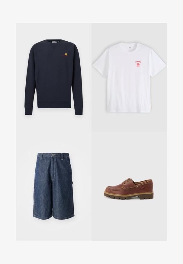 Donkerblauwe trui met V-hals, geribbelde manchetten en zoom, met een klein Carhartt-logo in oranje en geel geborduurd op de borst.; Witte T-shirt met korte mouwen met rode "LET'S ROLL!" tekst en afbeelding op de linkerborst met een palmboom en skateboard.; Donkerblauwe denimshorts met een rechte snit, vijf zakken en zichtbare stiksels. Voorzien van een knoopsluiting en riemlussen.; Bruine leren veterschoen voor op een boot met een tankleurige zool, ronde neus en gestikte moc-toe-ontwerp op een witte achtergrond.