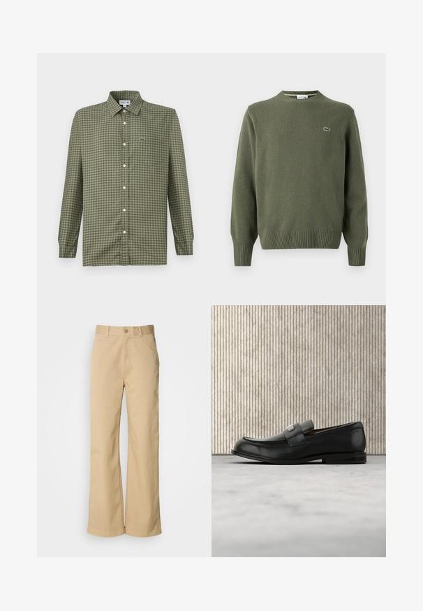 Suéter de punto verde oliva con cuello redondo, puños y dobladillo acanalados, y un pequeño logo bordado en el lado izquierdo del pecho.; Camisa de cuadros verdes de botones con cuello, mangas largas y un pequeño logo de Lacoste en el lado izquierdo del pecho. Hecha de un tejido ligero.; Pantalones beige de pierna ancha, hechos de una mezcla de algodón. Presentan un cierre de botón y trabillas para cinturón. Textura suave, con detalles de costura mínimos.; Mocasín de cuero negro con una placa metálica de marca apoyado cerca de una mesa redonda marrón sobre un suelo alfombrado beige.