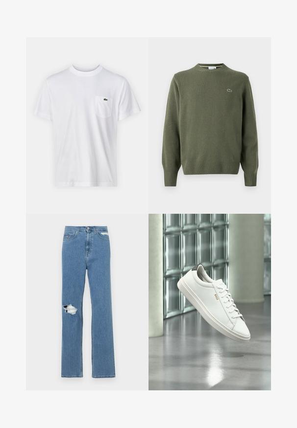 Suéter de punto verde oliva con cuello redondo, puños y dobladillo acanalados, y un pequeño logo bordado en el lado izquierdo del pecho.; Camiseta de algodón blanca con escote redondo y mangas cortas. Cuenta con un bolsillo en el pecho izquierdo y un pequeño logo verde de Lacoste.; Jeans de mezclilla azul con cintura alta, diseño de pierna recta y un gran desgarro en la rodilla, con un acabado ligeramente desgastado y costuras en contraste.; Zapatilla deportiva de piel blanca de corte bajo con cordones, lengüeta negra en el talón y logo "BOSS", flotando en interiores cerca de una pared de bloques de vidrio y suelo pulido.