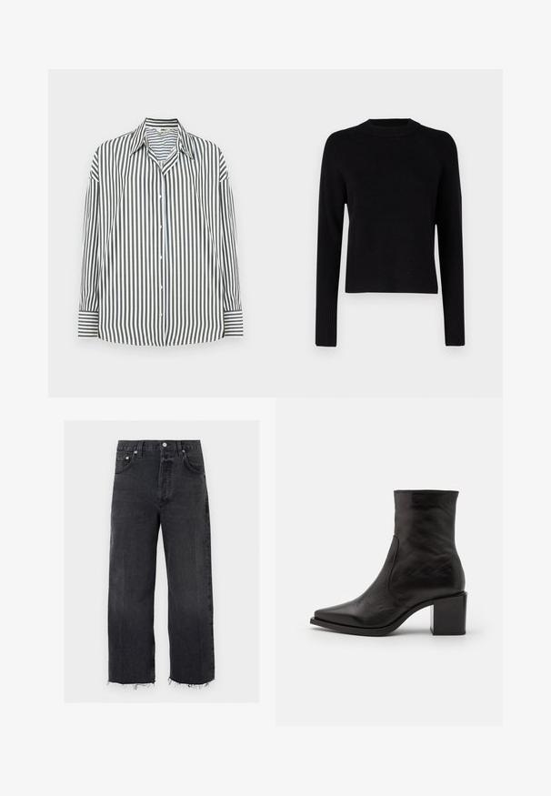 Pull en maille côtelée noire avec un col rond et des manches longues. Il présente une coupe légèrement raccourcie et un tissu texturé, offrant un ajustement confortable.; Chemise boutonnée à rayures verticales vertes et blanches, avec un col classique, des manches longues et un ourlet droit.; Jean noir taille haute à jambes larges, ourlet brut, bouton devant, fermeture éclair et design cinq poches.; Bottine noire en cuir avec un bout carré et un talon carré. Le design présente une texture lisse et des détails de couture minimaux.
