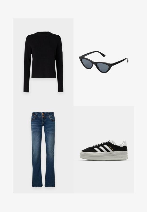Schwarzer gerippter Pullover mit Rundhalsausschnitt und langen Ärmeln. Verfügt über einen leicht cropped Schnitt und einen strukturierten Stoff, der eine enge Passform bietet.; Dunkelblaue Bootcut-Jeans mit zwei vorderen Knöpfen, fünf Taschen und feinem Verblassen an Oberschenkeln und Knien.; Schwarze Wildleder-Sneaker mit weißen Lederakzenten, drei weißen Streifen, flachen Schnürsenkeln und einer dicken grauen Plateausohle. Goldenes "Gazelle"-Branding.; Schwarze Cat-Eye-Sonnenbrille mit dunkelgrauen Gläsern, schlankem Kunststoffrahmen, spitzen Ecken und geraden Bügeln. Keine sichtbaren Befestigungen oder Akzente.