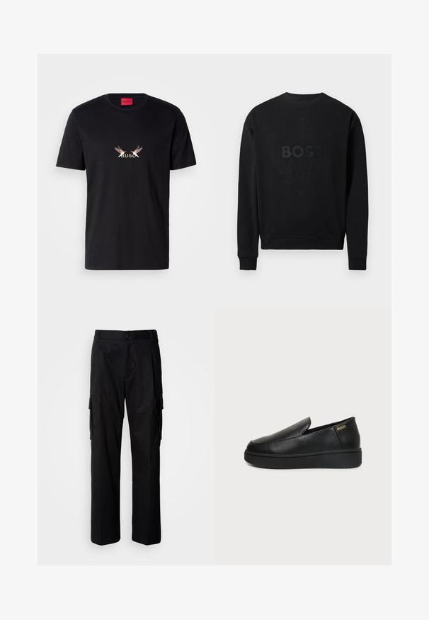 Sudadera negra con cuello redondo, puños y dobladillo acanalados, con un logo texturizado "BOSS" y un diseño intrincado en un tono oscuro a juego.; Camiseta de algodón negra con un gráfico frontal que presenta la palabra "HUGO" y dos diseños estilizados de aves en colores claros y oscuros.; Pantalones cargo negros de corte relajado, con bolsillos laterales, cierre de botón y tela ligera y suave.; Zapato de cuero negro tipo slip-on con suela gruesa y pequeños orificios de ventilación laterales, con el logo dorado de "HUGO" cerca del talón.