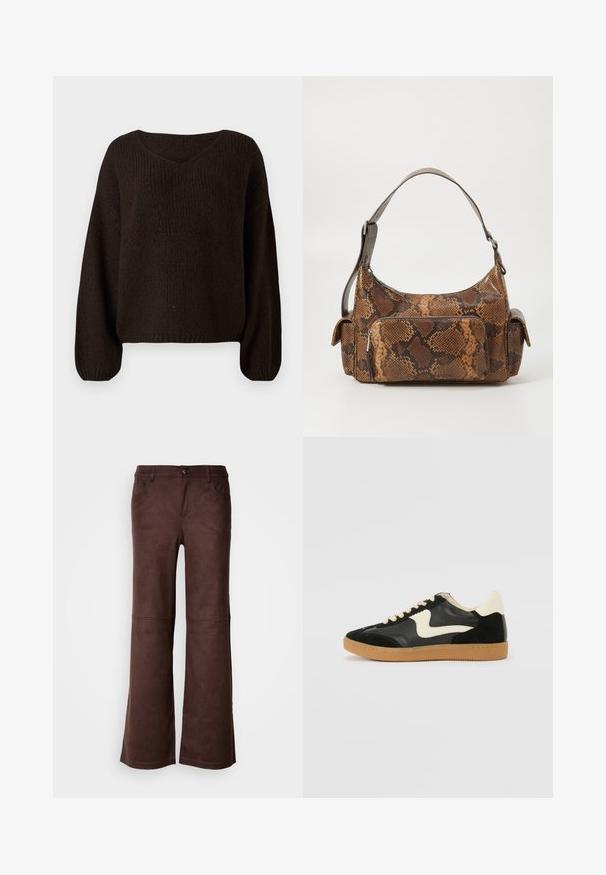 Suéter marrón de punto con escote en V, corte oversized y mangas largas. Tejido texturizado con un patrón acanalado. Largo recortado.; Pantalones de campana marrones en un tejido suave y parecido al ante. Presentan cuatro bolsillos, un cierre de botón y una superficie lisa y texturizada.; Zapatillas de deporte de ante y cuero negro con un swoosh lateral en crema y un talón en crema claro. Presenta cordones beige y una suela de goma marrón.; Bolso de mano con estampado de serpiente marrón, con una superficie texturizada, diseño curvado, una correa para el hombro y un bolsillo con cremallera en la parte frontal.