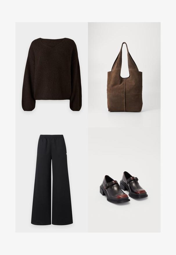 Brun strikket sweater med V-hals, oversized pasform og lange ærmer. Tekstureret stof med ribbet mønster. Forkortet længde.; Sorte bukser med vide ben og elastisk linning samt lille hvidt logo på højre hofte, vist på ensfarvet lyst baggrund.; Læder sko med blokhæl i en blank mørk burgunderrød finish, med en spænde rem og rund tå design. Struktureret ydersål for bedre greb.; Brun ruskind tote taske med et afslappet design, der har to lange håndtag, en central søm og en rå kantfinish.