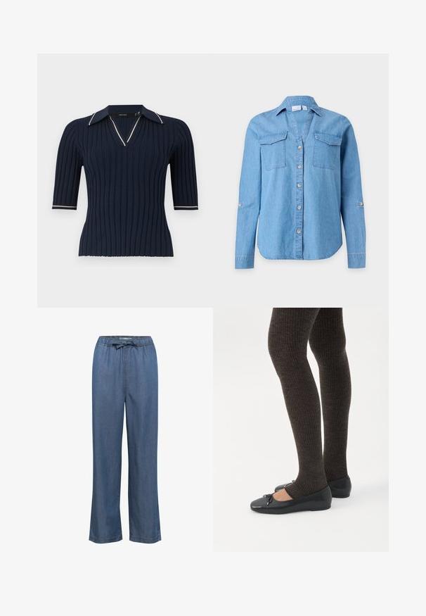 Donkerblauw geribd gebreid topje met korte mouwen, V-hals en kraag met witte bies aan de rand van de kraag en mouwboorden.; Lichtblauw denim overhemd met lange mouwen, kraag, knoopsluiting aan de voorkant en twee borstzakken met kleppen op een effen achtergrond.; Lange denim broek met wijde pijpen in een gemiddelde blauwe tint, voorzien van een elastische tailleband met een verstelbaar trekkoord en een rechte snit voor een comfortabele pasvorm.; Benen met donkere geribbelde leggings gecombineerd met zwarte ballerina's met kleine strikdetails op een witte achtergrond.