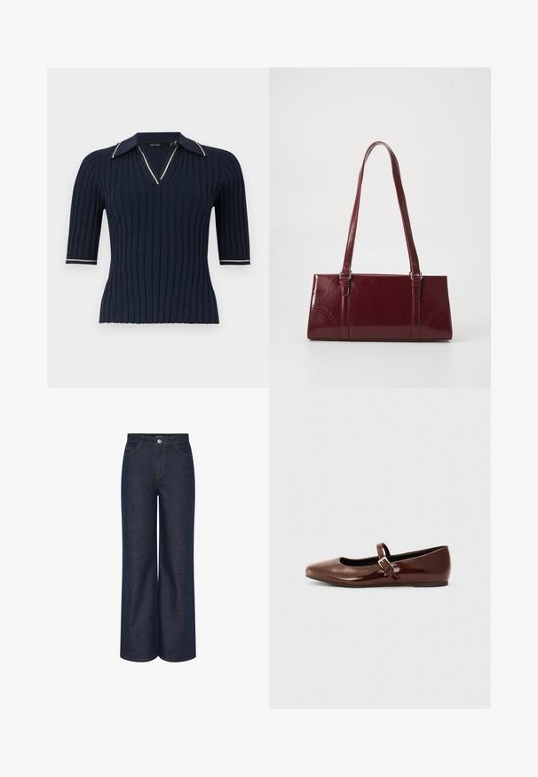 Top de punto acanalado azul marino de manga corta con escote en V y cuello con ribete blanco en los bordes del cuello y los puños de las mangas.; Jeans de mezclilla oscura de pierna ancha con cintura alta, con detalles de costura visibles en dorado contrastante y bolsillos delanteros y traseros. Diseño clásico de cinco bolsillos.; Bailarina de charol marrón con punta cuadrada y tira que presenta una pequeña hebilla dorada. Textura suave, tacón bajo y diseño minimalista.; Bolso burdeos hecho de material brillante, de forma rectangular, con dos asas para el hombro y sutiles acentos curvados en la parte frontal.