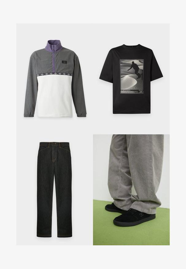 Jersey de manga larga con parte superior de pana gris, parte inferior de forro polar blanco, cuello alto morado y ribete estampado en el pecho.; Camiseta negra de manga corta con un estampado gráfico que representa una figura en silueta sobre una superficie blanca texturizada con patrones lineales.; Pantalones a rayas negras hechos de denim, con costuras naranjas y diseño de pierna recta. Incluyen cierre frontal con botones y trabillas para cinturón.; Zapatillas de skate de ante negro con un acabado texturizado y un logo, combinadas con pantalones de pana gris con una textura acanalada. Superficie del suelo en verde.