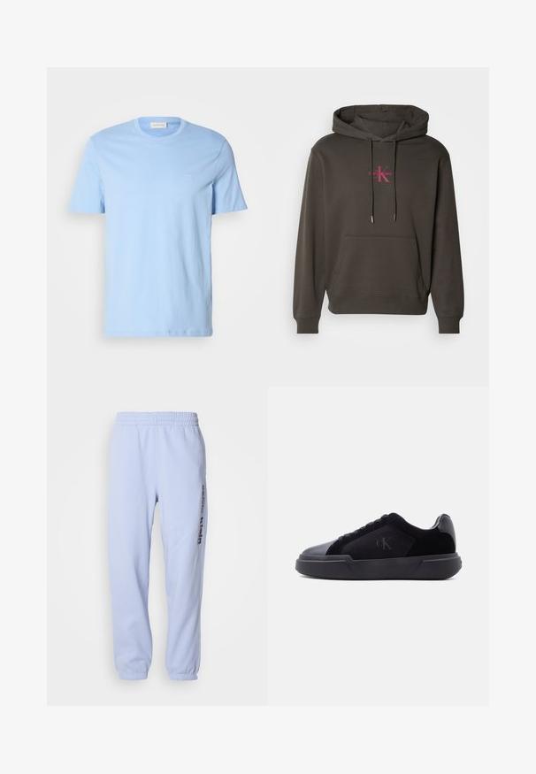 Tmavošedá mikina s kapucňou, predným vreckom, sťahovacou šnúrkou a logom Calvin Klein v ružovej farbe na hrudi. Mäkkučký bavlnený materiál.; Svetlomodré bavlnené tričko s okrúhlym výstrihom, krátkymi rukávmi a malým vyšitým logom na ľavej hrudi. Hladká štruktúra, voľný strih.; Svetlo modré tepláky vyrobené z mäkkej látky, s elastickým pásom, rebrovanými manžetami a tmavomodrým logom potlačeným na boku.; Čierna nízka teniska s hrubou podrážkou, šnurovaním vpredu a jemným logom "cK" na bočnej paneli.