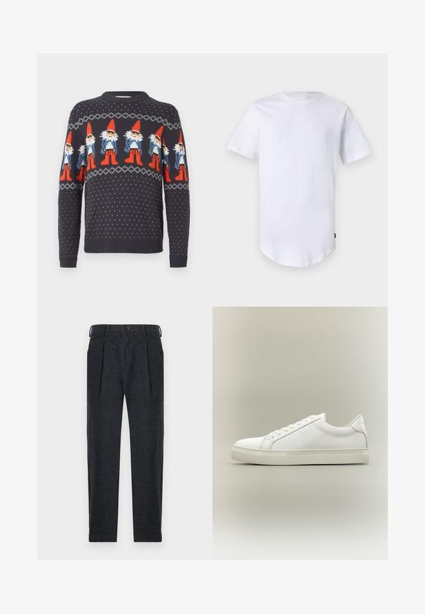 Marineblå sweater med nissemotiver og prikker. Fremstillet af strikstof, med rund halsudskæring og ribbede manchetter.; Hvid kortærmet t-shirt lavet af bomuld. Rund halsudskæring med en buet kant. Etiket synlig på nederste venstre side. Glat tekstur.; Grå uld-blandede bukser med to frontindfoldninger, bæltestropper, sidelommer og knaplukning. Lige ben-design med en glat tekstur.; Hvid lavtop sneaker med snørebånd foran og tyk sål, vist fra siden mod en neutral baggrund.