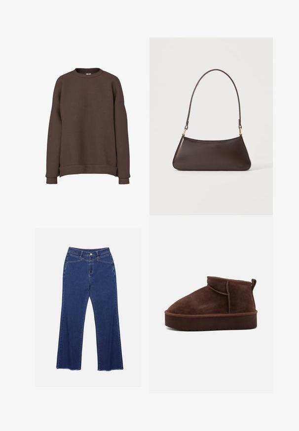 Braunes Sweatshirt mit langen Ärmeln und Rundhalsausschnitt, mit gerippten Bündchen und Saum, gezeigt auf weißem Hintergrund.; Blaue Jeans aus Denim mit einem geraden Beinschnitt, mittelhoher Taille, ausgefranstem Saum und detaillierten Nähten. Verfügt über zwei Fronttaschen und einen Knopfverschluss.; Braune Wildleder-Stiefelette mit runder Spitze, weicher Oberfläche und dicker Plattformsohle. Verfügt über dezente Nähte und eine Lasche an der Rückseite.; Dunkelbraune Lederhandtasche mit geschwungenem oberen Reißverschluss und schmalem Schulterriemen mit goldfarbenen Verschlüssen auf einfarbigem Hintergrund.