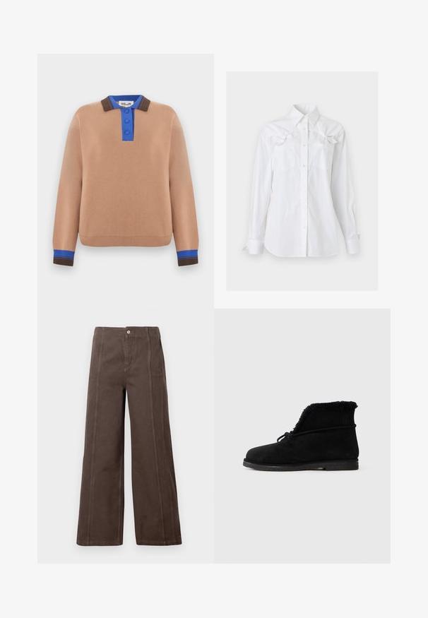 Pull camel à manches longues avec col côtelé bleu et marron, patte de boutonnage bleue et poignets côtelés assortis bleu et marron.; Chemise blanche à manches longues, boutonnée, avec un col et deux poches poitrine, chacune ornée d'un noeud décoratif près du haut.; Pantalons larges marron en tissu lisse, dotés de coutures sur le panneau avant et d'une fermeture à un seul bouton en métal à la taille.; Botte de cheville en suede noir avec doublure en fourrure visible à l'ouverture et un lacet noué autour de la partie supérieure.