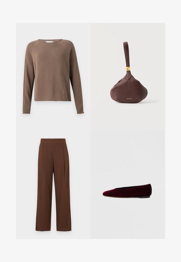 Pull tricot marron à manches longues avec col rond et ourlet droit sur un fond clair uni.; Pantalon marron à jambes larges avec une texture lisse, présentant un devant plat et des plis. La taille est élastiquée pour le confort et l'ajustement.; Ballerines en velours bordeaux avec un bout arrondi et un talon bas, présentant une texture lisse et un design élégant.; Petit sac bracelet en cuir marron avec plaque logo dorée et nom de la marque "Coccinelle" embossé sur le devant, sur fond blanc.