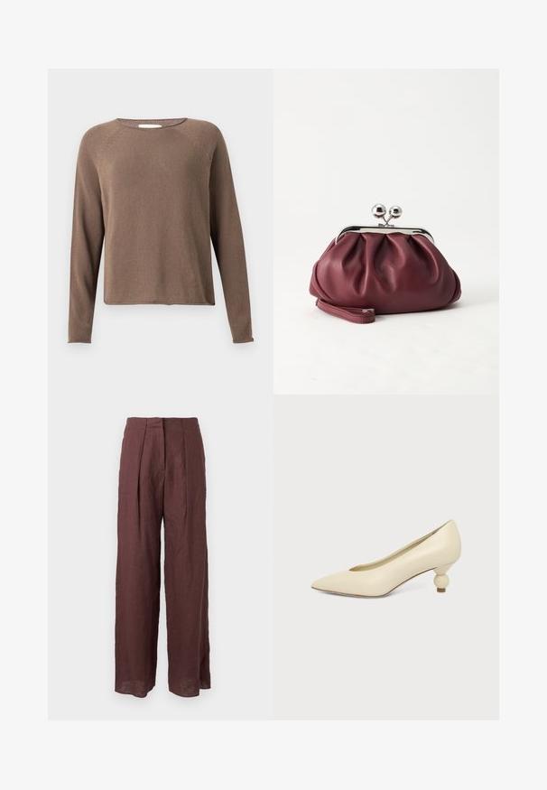 Pull tricot marron à manches longues avec col rond et ourlet droit sur un fond clair uni.; Pantalon large taille haute marron foncé avec plis sur le devant et taille structurée, fabriqué en tissu léger.; Chaussure femme couleur crème à bout pointu avec un petit talon rond en forme de boule, sur fond uni.; Petit sac pochette en cuir bordeaux avec fermoir métallique argenté et bracelet sur fond blanc.