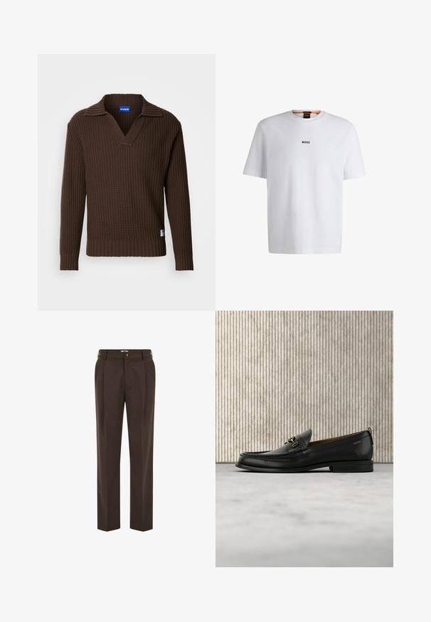 Pull en tricot marron côtelé avec un col en V et un col replié. Manches longues. Comprend une petite étiquette bleue à l'ourlet.; T-shirt en coton blanc à manches courtes, avec un logo noir "BOSS" centré sur la poitrine et un design à col rond.; Pantalon marron foncé sur mesure avec plis à l'avant, passants de ceinture, fermeture par bouton et coupe droite.; Mocassin en cuir noir avec mors en métal doré et logo "HUGO", présenté sur un tapis beige et un meuble translucide marron.