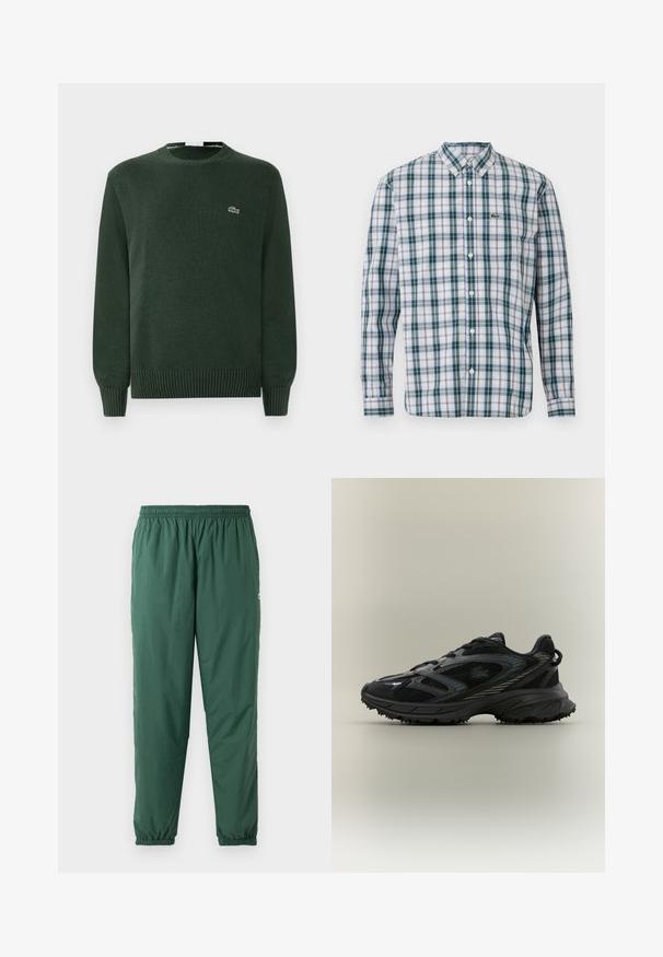 Groene gebreide trui met een ronde hals, geribbelde manchetten en zoom, met een klein geborduurd krokodillenlogo op de borst.; Overhemd met lange mouwen en knopen in een geruit patroon van groen, blauw en wit; heeft een kraag en een Lacoste-logo op de borst.; Groene, lichtgewicht, elastische broek met een geplooide tailleband en boorden, gemaakt van een gladde, waterafstotende stof.; Zwarte sportieve schoen met meshpanelen, een gestructureerde zool, veters en een gebogen silhouet met zilveren accenten aan de zijkanten.