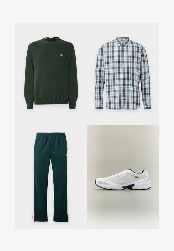 Suéter de punto verde con cuello redondo, puños y dobladillo acanalados, que presenta un pequeño logo bordado de cocodrilo en el pecho.; Camisa de manga larga con botones, en un patrón de cuadros verdes, azules y blancos; presenta un cuello con solapa y un logo de Lacoste en el pecho.; Pantalones deportivos verde oscuro con cintura elástica y rayas blancas que recorren los lados externos de las piernas.; Zapatilla deportiva blanca con parte superior de malla texturizada, diseño curvado y suela exterior negra en contraste. Presenta un logo verde bordado en el lateral.