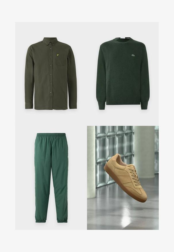 Grøn strikket sweater med rund hals, ribbede manchetter og kant, og med et lille broderet krokodillelogo på brystet.; Mørkegrøn langærmet skjorte med knaplukning, knap-down krave, brystlomme og lille gul broderet fuglelogo på lommen.; Grønne, lette, elastiske bukser med en rynket talje og manchetter, lavet af et glat, vandafvisende materiale.; Beige ruskind sneaker med gummisål, snørelukning, svæver indendørs på poleret betongulv nær glasblokvæg.