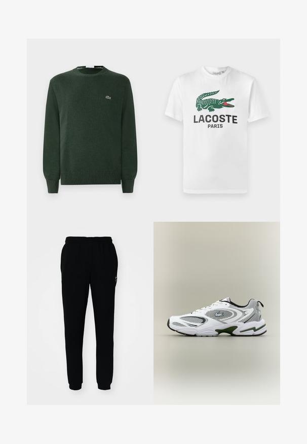 Roheline kootud sviiter ümmarguse kaelusega, ribikrae ja allservaga, millel on rinnal väike broderi krokodille logo.; Lacoste Trükipildiga T-särk - white; Mustad mustad püksid elastse vöökoht ja mansettidega. Valmistatud pehmest kangast, millel on väike logo vasakul ülal.; Valge ja hall sportlik jooksujalats, millel on võrgupaneelid, rohelised aktsendid, mustad detailid ja küljes logo, nähtuna välisküljelt.