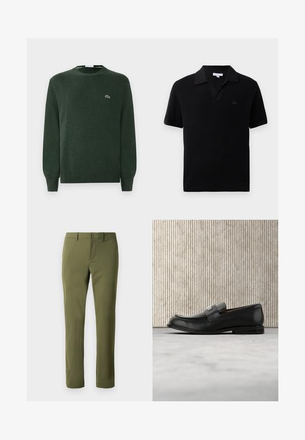 Pull en laine vert avec un col rond, des poignets et un ourlet côtelés, arborant un petit logo de crocodile brodé sur la poitrine.; Polo shirt noir à manches courtes avec un design en V, texture côtelée, et un petit logo ton sur ton sur la poitrine. Fini en tissu lisse.; Pantalons verts olive en tissu lisse avec une coupe droite, dotés d'une fermeture à bouton et de passants de ceinture. Pas de motifs ni d'accents visibles.; Mocassin en cuir noir avec une plaque de marque en métal reposant près d'une table ronde marron sur un sol recouvert de moquette beige.