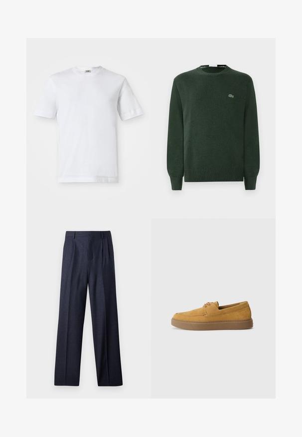 Pull en laine vert avec un col rond, des poignets et un ourlet côtelés, arborant un petit logo de crocodile brodé sur la poitrine.; T-shirt en coton blanc à manches courtes, col rond et texture lisse. Aucun motif ni accent visible.; Pantalons en laine bleu marine avec une coupe ajustée, présentant un devant plissé et des jambes larges. Texture lisse et lignes épurées, adaptés aux occasions formelles.; Chaussures slip-on en suède marron avec une finition texturée, un bout rond et une semelle en caoutchouc contrastante. Présente une marque discrète près du talon.