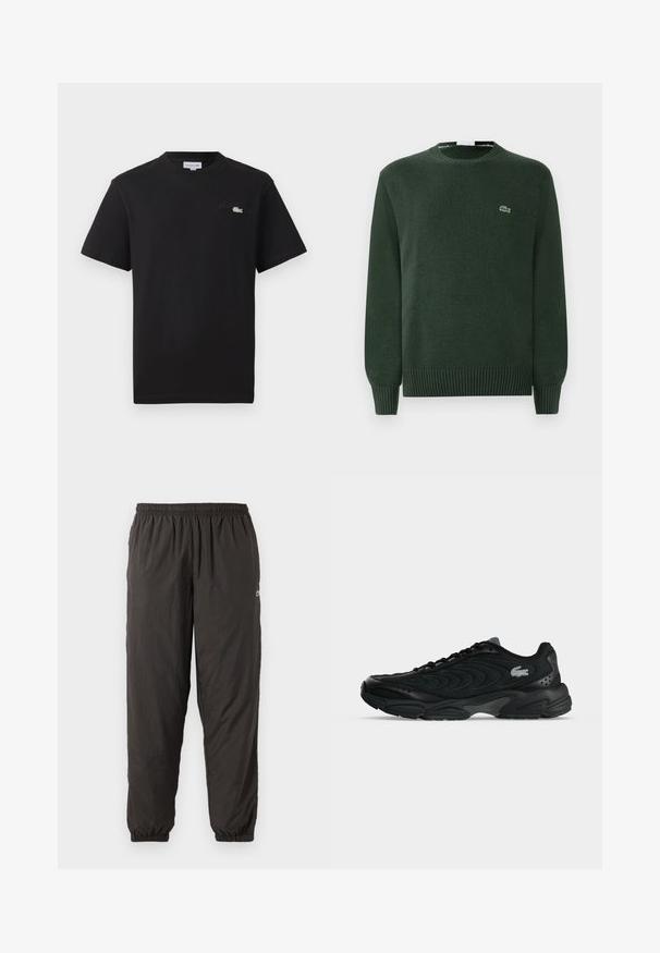 Suéter de punto verde con cuello redondo, puños y dobladillo acanalados, que presenta un pequeño logo bordado de cocodrilo en el pecho.; Camiseta de algodón negra con cuello redondo. Presenta un pequeño logo de Lacoste bordado en verde y blanco en el pecho. Mangas cortas, corte regular.; Pantalones negros, ligeros y elásticos con un ajuste holgado. Presentan puños elásticos y un logo sutil en el lado. Textura suave.; Zapatilla deportiva negra con patrones de costura curvos y un pequeño logo de cocodrilo en el lateral, mostrada desde el lado exterior sobre un fondo liso.