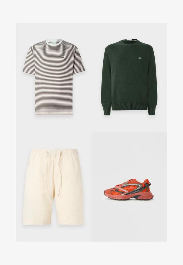 Groene gebreide trui met een ronde hals, geribbelde manchetten en zoom, met een klein geborduurd krokodillenlogo op de borst.; T-shirt met korte mouwen en ronde hals in bruin en wit met horizontale strepen en een klein groen krokodillenlogo op de linkerborst.; Roomkleurige casual short met subtiele verticale strepen, elastische tailleband en vooraan een aantrekkoord tegen een effen lichte achtergrond.; Rode en bruine sportshoe met mesh-stof, zwarte accenten en een rubberen zool. Heeft een ronde neus en contrasterende veters.