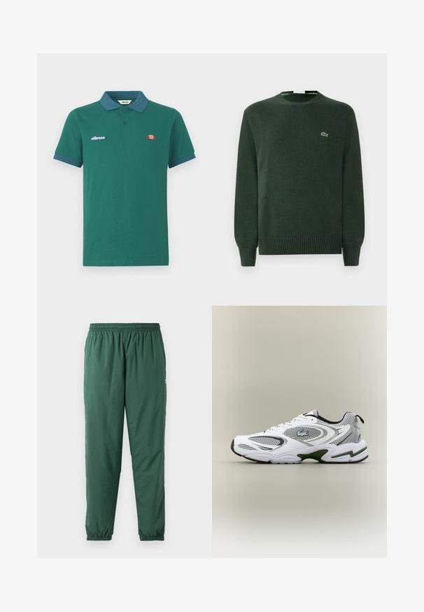 Grüner Strickpullover mit rundem Hals, gerippten Bündchen und Saum, mit einem kleinen gestickten Krokodil-Logo auf der Brust.; Grünes Polohemd aus Baumwolle mit einem kontrastierenden blauen Kragen und Bündchen. Verfügt über ein gesticktes Logo und ein kleines farbenfrohes Design auf der Brust.; Grüne, leichte, elastische Hose mit gerafftem Bund und Bündchen, gefertigt aus einem glatten, wasserabweisenden Material.; Weiße und graue sportliche Laufschuhe mit Netzeinsätzen, grünen Akzenten, schwarzen Details und einem Logo an der Seite, von der Außenseite gezeigt.