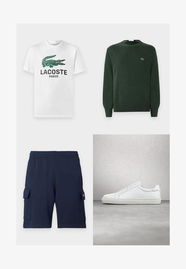 Zelený pletený sveter s okrúhlym výstrihom, ribbed manžetami a lemom, s malým vyšitým logom krokodíla na hrudi.; Lacoste Tričko s potlačou - white; Námornícky modré cargo šortky vyrobené z mäkkej látky, s elastickým pásom, dvoma bočnými vreckami a malým logom na ľavom vrecku.; Biele tenisky s hladkým koženým zvrškom a nízkym profilom. Majú zaoblenú špičku, šesť očiek a štruktúrovanú gumovú podrážku.