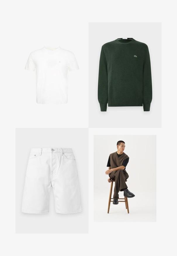Grüner Strickpullover mit rundem Hals, gerippten Bündchen und Saum, mit einem kleinen gestickten Krokodil-Logo auf der Brust.; Weißes T-Shirt mit kurzen Ärmeln und Rundhalsausschnitt mit kleinem gesticktem "ck" Logo auf der linken Brust.; Weiße Herren-Jeansshorts mit vorderem Knopf und Reißverschluss, Gürtelschlaufen und zwei Vordertaschen vor einfachem Hintergrund.; Brauner Strickwesten über einem schwarzen T-Shirt, kombiniert mit braunen weiten Hosen und schwarzen klobigen Schuhen, auf einem Holzschemel sitzend.