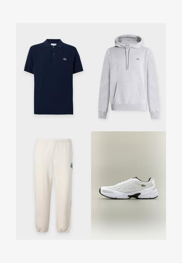 Sweat à capuche gris clair avec poche kangourou à l'avant et petit logo crocodile vert sur la poitrine gauche.; Polo à manches courtes bleu marine avec un col à deux boutons et un petit logo crocodile vert sur le côté gauche de la poitrine.; Pantalon de jogging beige clair en coton, doté d'une taille élastique, de poignets en côtes et d'un logo vert avec un design de feuille sur la jambe gauche.; Baskets de sport blanches avec un dessus en mesh texturé, un design courbé et une semelle noire contrastante. Présente un logo brodé vert sur le côté.