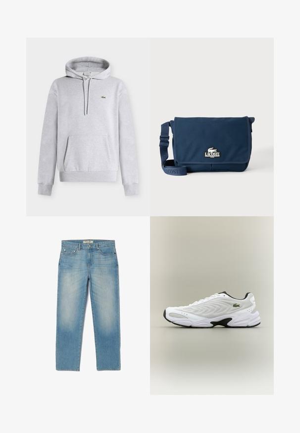 Lysegrå hættetrøje med forlommekanguru og lille grønt krokodillelogo på venstre bryst.; Lyseblå denimjeans med lige ben-design, fem lommer og en let falmet vask. Har sølvhardware og et mærket bånd.; Hvide atletiske sko med tekstureret mesh-overdel, buet design og kontrasterende sort ydersål. Har en grøn broderet logo på siden.; Marineblå Lacoste messenger taske med justerbar rem og logo på frontklap, sat mod en ensfarvet lys baggrund.