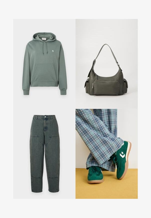 Sudadera gris-verde con un bolsillo canguro, capucha con cordón y un pequeño logo en el pecho. Fabricada con una tela suave y texturizada.; Pantalones de mezclilla en azul oscuro con un ajuste relajado, que cuentan con bolsillos laterales y costuras en contraste. La tela tiene una textura ligeramente desgastada.; Zapatillas de ante verdes con acentos blancos y un logo de estrella, combinadas con pantalones de cuadros azules de pierna ancha, sobre un suelo amarillo.; Bolso de hombro de cuero verde con un diseño curvado, bolsillo con cremallera en la parte frontal y bolsillos adicionales en los laterales. Textura suave y hardware minimalista.