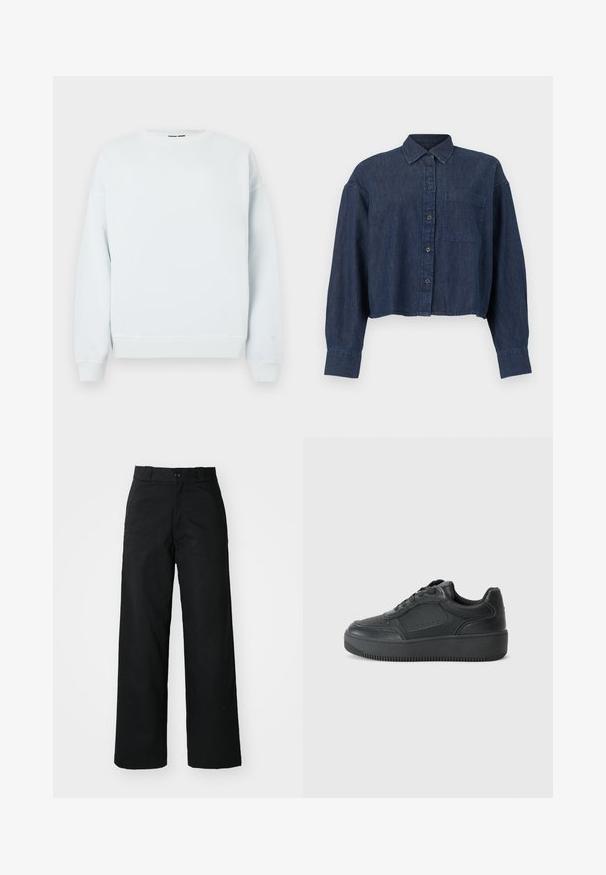 Lyseblå sweatshirt lavet af blødt stof, med rund hals, droppet skuldersøm og ribbede manchetter og kant.; Mørkeblå denim kort skjorte med lange ærmer, knapper foran, krave og en enkelt brystlomme mod en hvid baggrund.; Sorte vide bukser med flad front, knaplukning og bæltestropper. Fremstillet af holdbart stof med en glat tekstur.; Sort sneaker med en struktureret læderoverdel, rund tå, snørelukning og en platform gummisål, der har vandrette riller.