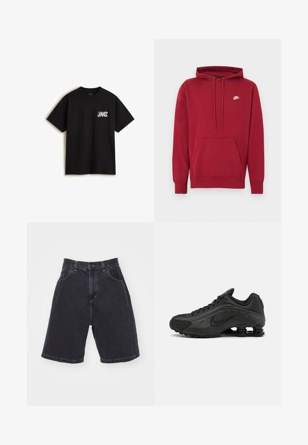 Rød bomulds-hoodie med lomme foran, snørrehætte og hvid Nike-logo på brystet. Lange ærmer med ribstrikkede manchetter og kant.; Vans CHAOS - T-shirts print - black; Mørk denim shorts med høj talje, der har to forlommer, kontrasterende gul syning og en lige pasform med en afsluttet kant.; Sorte løbesko med en glat syntetisk overdel, perforerede detaljer, teksturerede sidedele og en distinkt fjedrende sål.