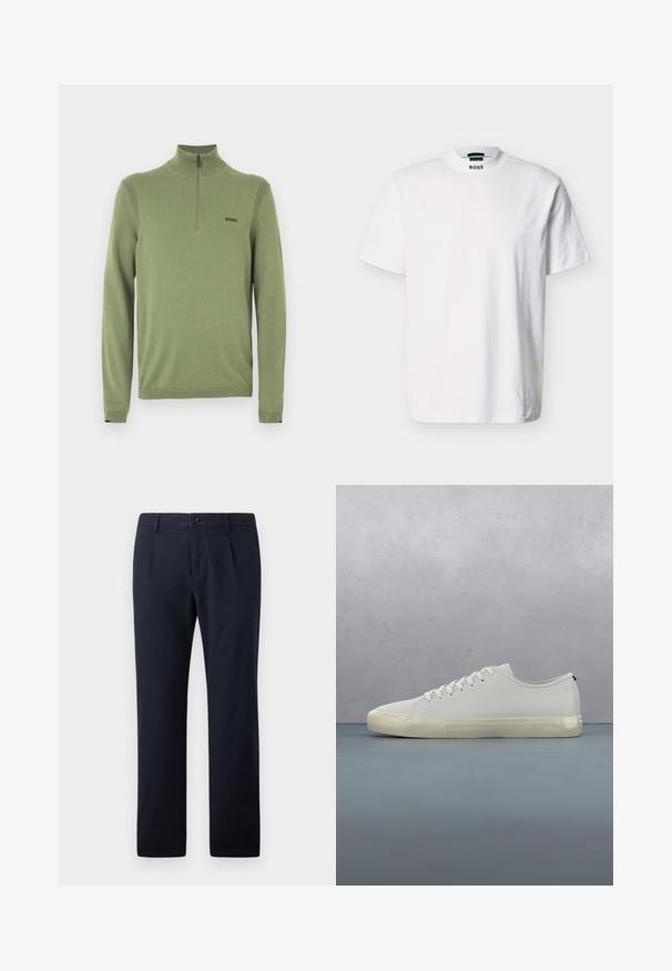 Groene trui met een hoge hals en een halve ritssluiting. Heeft geribbelde accenten op de schouders en een zwart 'BOSS' logo op de borst.; Witte T-shirt met korte mouwen van katoen, voorzien van een ronde halslijn en een bedrukt merklogo bij de kraag. Glad oppervlak, eenvoudig ontwerp.; Marineblauwe broek gemaakt van een katoenmix stof, met een vlakke voorkant, twee zijvakken en subtiele plooien.; Witte leren sneaker met veters zwevend boven vierkante houten tegels en kleine stenen, met een boom en een grijze achtergrond.