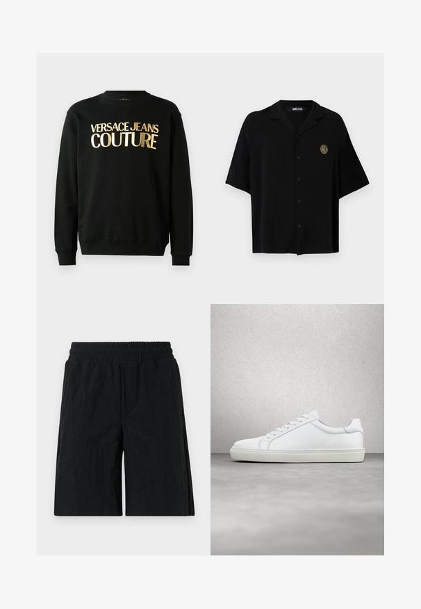 Sweatshirt noir en mélange de coton et de polyester, avec un texte imprimé en or "VERSACE JEANS COUTURE" sur le devant dans une police en gras.; Chemise noire manches courtes à boutons avec col et petit logo circulaire doré et blanc sur la poitrine gauche, marqué "Just Cavalli" à l'intérieur du col.; Shorts noirs avec une taille élastique, en tissu texturé, de coupe longueur genou et avec des poches latérales.; Sneaker blanche avec une tige en cuir lisse et un profil bas. Présente un bout arrondi, six œillets et une semelle en caoutchouc texturé.