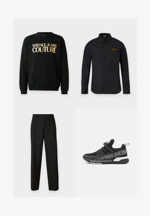 Sweatshirt noir en mélange de coton et de polyester, avec un texte imprimé en or "VERSACE JEANS COUTURE" sur le devant dans une police en gras.; Chemise noire à manches longues, boutonnée, avec col et petit patch logo rectangulaire doré sur la poitrine gauche.; Pantalon noir ajusté en tissu lisse. Présente une jambe droite, un fermeture à bouton unique et des passants de ceinture. Pas de motifs ni d'accents visibles.; Baskets noires avec des matériaux en maille et synthétique, dotées d'une semelle épaisse, d'une marque blanche contrastante et de lacets noirs et blancs distinctifs.