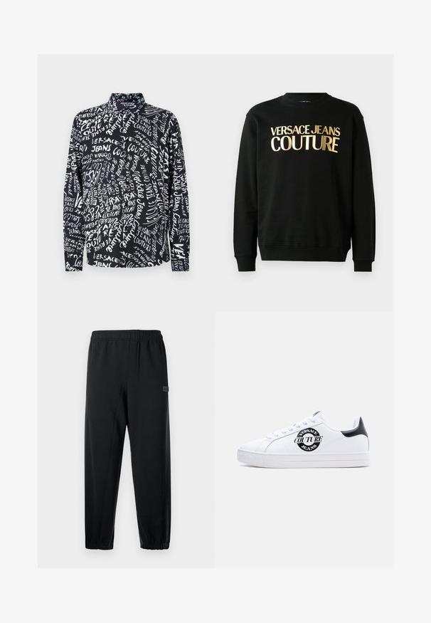Schwarzer Kapuzenpullover aus einer Baumwoll-Polyester-Mischung, versehen mit dem goldenen Druck "VERSACE JEANS COUTURE" auf der Vorderseite in einer markanten Schriftart.; Schwarzes Langarmshirt mit weißem "Versace Jeans Couture"-Schriftzug in verschiedenen Schriftarten und Größen, mit hohem Kragen und entspannter Passform.; Schwarze Jogginghose mit elastischem Bund, schmal zulaufenden Beinen und einem kleinen Markenpatch. Hergestellt aus glattem, leichtem Stoff.; Weißer Sneaker mit niedrigem Schaft, schwarzem Fersenriemen, schwarzem runden "Versace Jeans Couture"-Logo an der Seite, weißen Schnürsenkeln und erhabenem Text auf der Sohle.