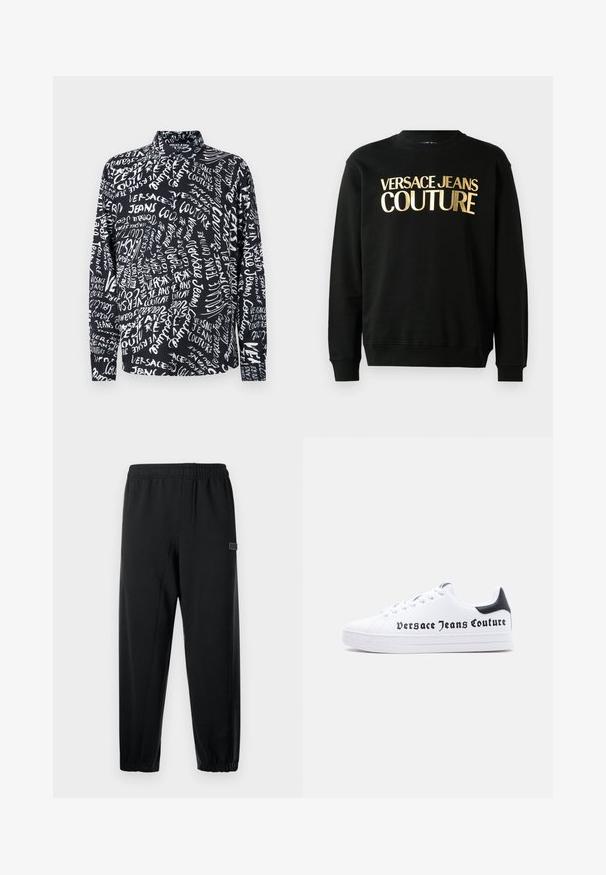 Musta puuvilla-polüesterist valmistatud dressipluus, mille esiküljel on julge fontiga kuldne trükk "VERSACE JEANS COUTURE".; Must mustärkkide särk, millel on erinevates fontides ja suurustes valge "Versace Jeans Couture" tekst, kõrge krae ja lõdva istuvusega.; Mustad mustad püksid elastse vöökohaga, kitsenevad jalad ja väike bränditud silt. Valmistatud siledast, kergekaalu kangast.; Valge madala säärega tennisevabrik musta kannatükiga, nööppinnga disain ja „Versace Jeans Couture“ logo mustana trükitud küljele.