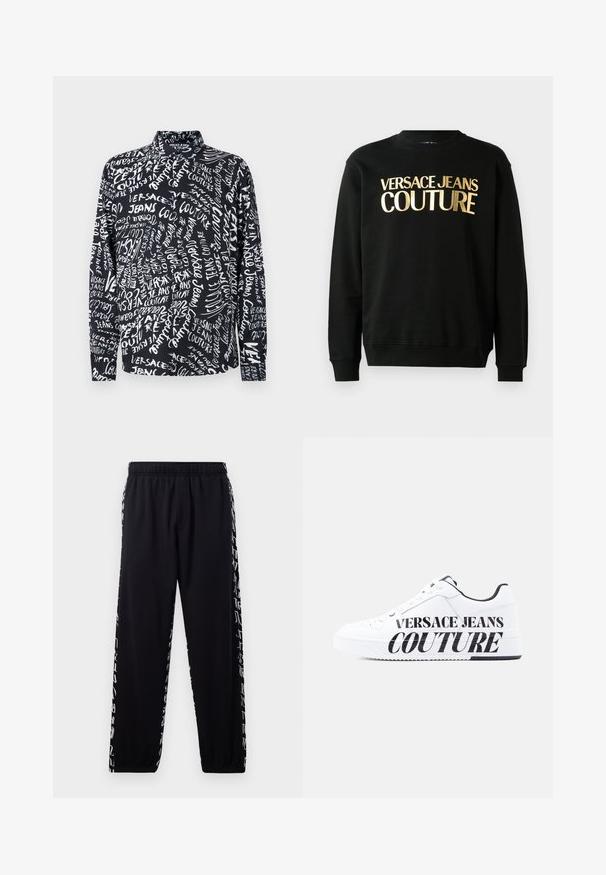 Čierna mikina vyrobená z bavlnenej a polyesterovej zmesi, s pozláteným potlačou textu "VERSACE JEANS COUTURE" na prednej strane v tučnom písme.; Čierna košeľa s dlhým rukávom s bielym textom "Versace Jeans Couture" v rôznych písmach a veľkostiach, so vysokým golierom a uvoľneným strihom.; Čierne tepláky s elastickým pásom a manžetami, s bielym abstraktným písmom na vonkajších švoch.; Biela nízka teniska s čiernym vnútorným lemovaním, šnurovacím predkom a veľkým čiernym nápisom "Versace Jeans Couture" na bočnej podrážke a hornej časti.