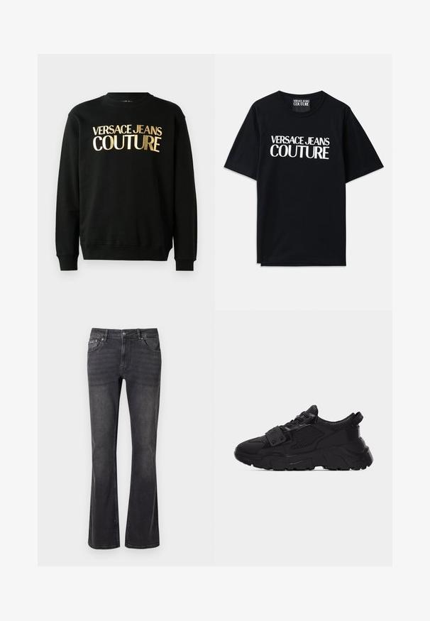 Sudadera negra hecha de una mezcla de algodón y poliéster, con texto impreso en dorado "VERSACE JEANS COUTURE" en el frontal en una fuente en negrita.; Camiseta de algodón negra con mangas cortas que presenta un gran texto blanco "VERSACE JEANS COUTURE" en la parte delantera. Diseño clásico de cuello redondo.; Jeans de mezclilla negra con diseño acampanado, cinco bolsillos y cierre de botón metálico. La tela tiene una textura suave con un ligero desgaste.; Zapatilla deportiva negra de suela gruesa con paneles de malla y cuero, suela gruesa y texturizada, cierre de cordones y una correa con tachuelas metálicas sobre los cordones.