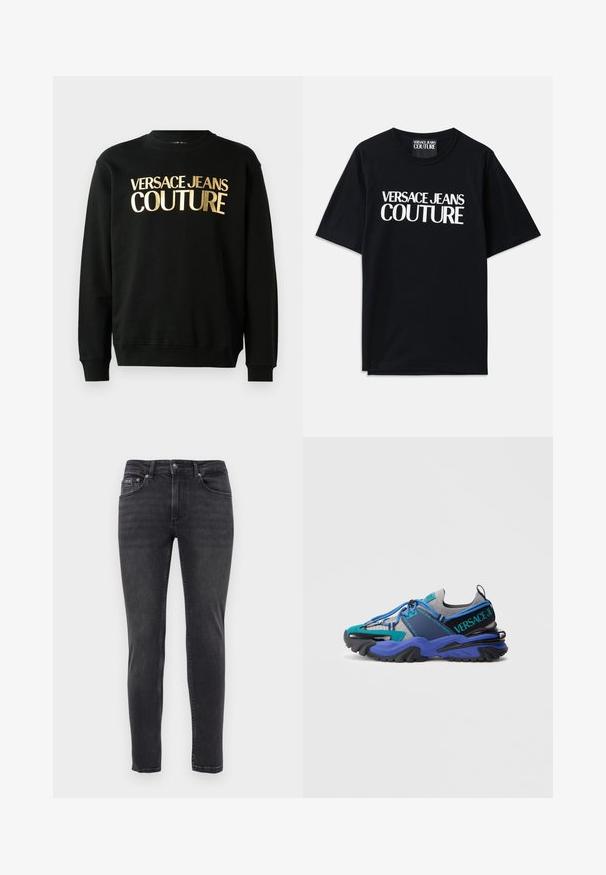 Zwarte sweatshirt van een katoen-polyestermix met gouden bedrukt tekst "VERSACE JEANS COUTURE" op de voorkant in een vetgedrukt lettertype.; Zwarte katoenen t-shirt met korte mouwen, voorzien van grote witte tekst "VERSACE JEANS COUTURE" op de voorkant. Klassiek ontwerp met ronde hals.; Slim-fit zwarte denim jeans met vijf zakken en een knoop- en ritssluiting, tentoongesteld tegen een effen witte achtergrond.; Sneaker met een mix van grijze, blauwe, teal en zwarte materialen, met een chunky zool, vetersluiting en branding op de hiel.