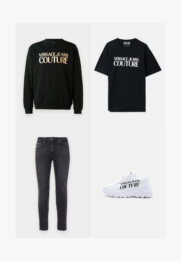 Musta puuvilla-polüesterist valmistatud dressipluus, mille esiküljel on julge fontiga kuldne trükk "VERSACE JEANS COUTURE".; Mustmust värvi puuvillane T-särk lühikeste varrukatega, mille esiküljel on suur valge kiri "VERSACE JEANS COUTURE". Klassikaline ümarkaelus.; Slim-fit mustad teksased, viie tasku ja nööbi- ning tõmblukuga, esitlemine lihtsal valgel taustal.; Valged paksud tossud paksu tallaga, paela kinnitusega ja "Versace Jeans Couture" paksus mustas kirjas küljele trükitud.