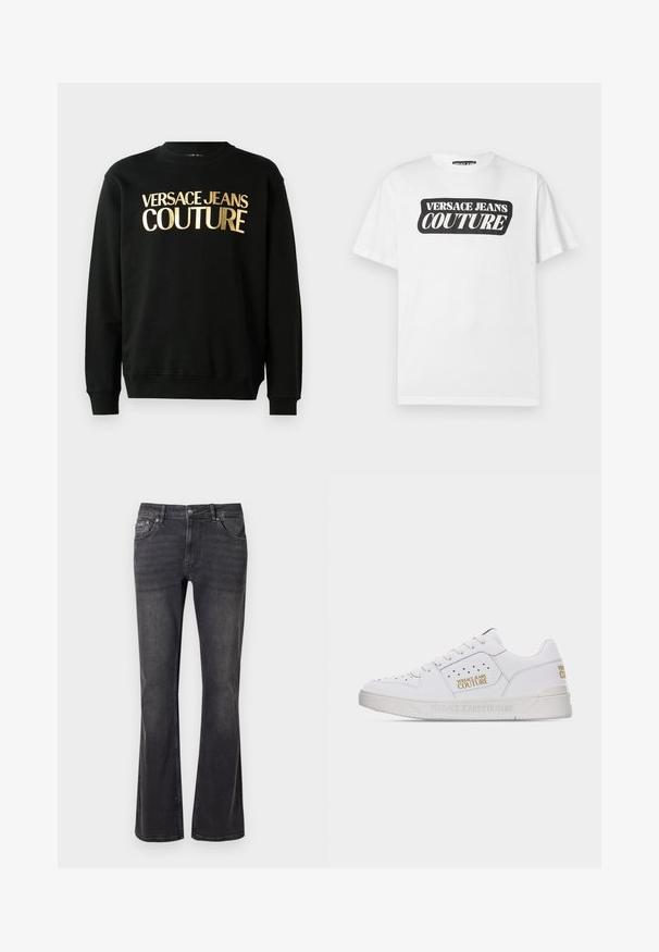 Musta college-paita, joka on valmistettu puuvilla-polyesteriseoksesta, ja jossa on näyttävä kultapainatus "VERSACE JEANS COUTURE" etuosassa paksulla fontilla.; Valkoinen lyhythihainen t-paita, jossa musta suorakulmainen logo, jossa lukee keskellä rintaa "VERSACE JEANS COUTURE".; Mustat farkut, joissa on levenevä muotoilu, viisi taskua ja metallinen napitus. Kangas on sileä ja siinä on hieman haalistumista.; Valkoinen matalakärkinen tennari, jossa on rei'itetyt yksityiskohdat, nauhallinen etuosa ja kultaiset "Versace Jeans Couture" -logot sivulla ja kantapäässä.