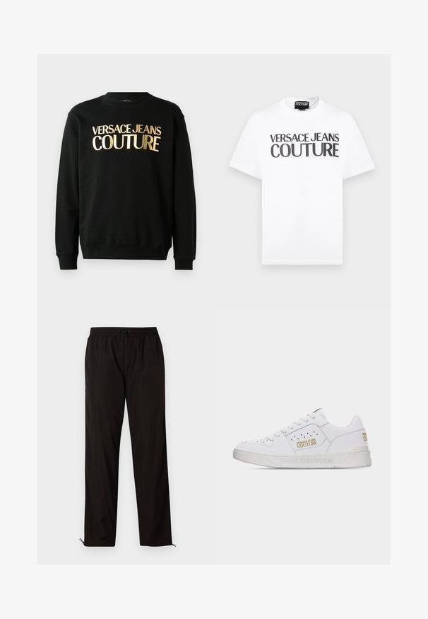 Čierna mikina vyrobená z bavlnenej a polyesterovej zmesi, s pozláteným potlačou textu "VERSACE JEANS COUTURE" na prednej strane v tučnom písme.; Biele tričko s krátkym rukávom a čiernym nápisom "VERSACE JEANS COUTURE" cez hruď a malou značkovou nálepkou na vnútornom okraji výstrihu.; Čierne ľahké nohavice s elastickým pásom, sťahovacím pásom a zipsami na spodnej časti, ktoré umožňujú prispôsobiť veľkosť. Hladká, lesklá textura.; Biela nízka teniska s perforovanými detailmi, šnurovacím predkom a zlatými logami "Versace Jeans Couture" na boku a päte.