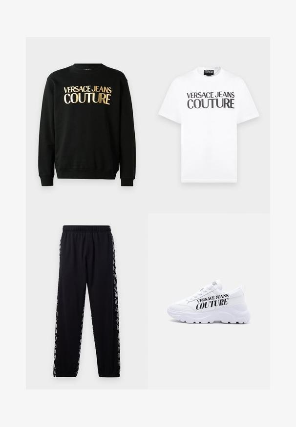 Musta puuvilla-polüesterist valmistatud dressipluus, mille esiküljel on julge fontiga kuldne trükk "VERSACE JEANS COUTURE".; Valge lühikeste varrukatega T-särk, millel on rinnal must tekst "VERSACE JEANS COUTURE" ja väikese brändisildiga kaeluse sees.; Mustad mustad püksid elastse paisutusega vöökoha ja pahkluude ümber, mille külgpindadel on valgeid abstraktseid kirjutisi.; Valged paksud tossud paksu tallaga, paela kinnitusega ja "Versace Jeans Couture" paksus mustas kirjas küljele trükitud.
