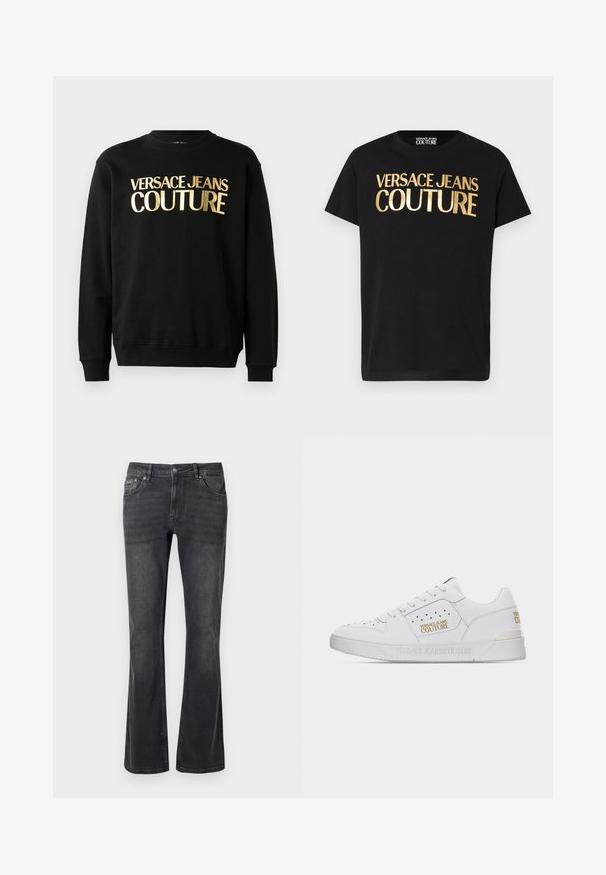 Schwarzer Kapuzenpullover aus einer Baumwoll-Polyester-Mischung, versehen mit dem goldenen Druck "VERSACE JEANS COUTURE" auf der Vorderseite in einer markanten Schriftart.; Schwarzes kurzärmeliges T-Shirt mit großem metallisch goldfarbenem "Versace Jeans Couture" Schriftzug auf der Vorderseite und einem runden Ausschnitt.; Schwarze Jeans aus Denim mit ausgestelltem Design, fünf Taschen und einem Metallknopfverschluss. Der Stoff hat eine glatte Textur mit dezentem Verblassen.; Weißer Sneaker mit niedrigem Schaft, perforierten Details, Schnürverschluss und goldenen "Versace Jeans Couture"-Logos an der Seite und Ferse.